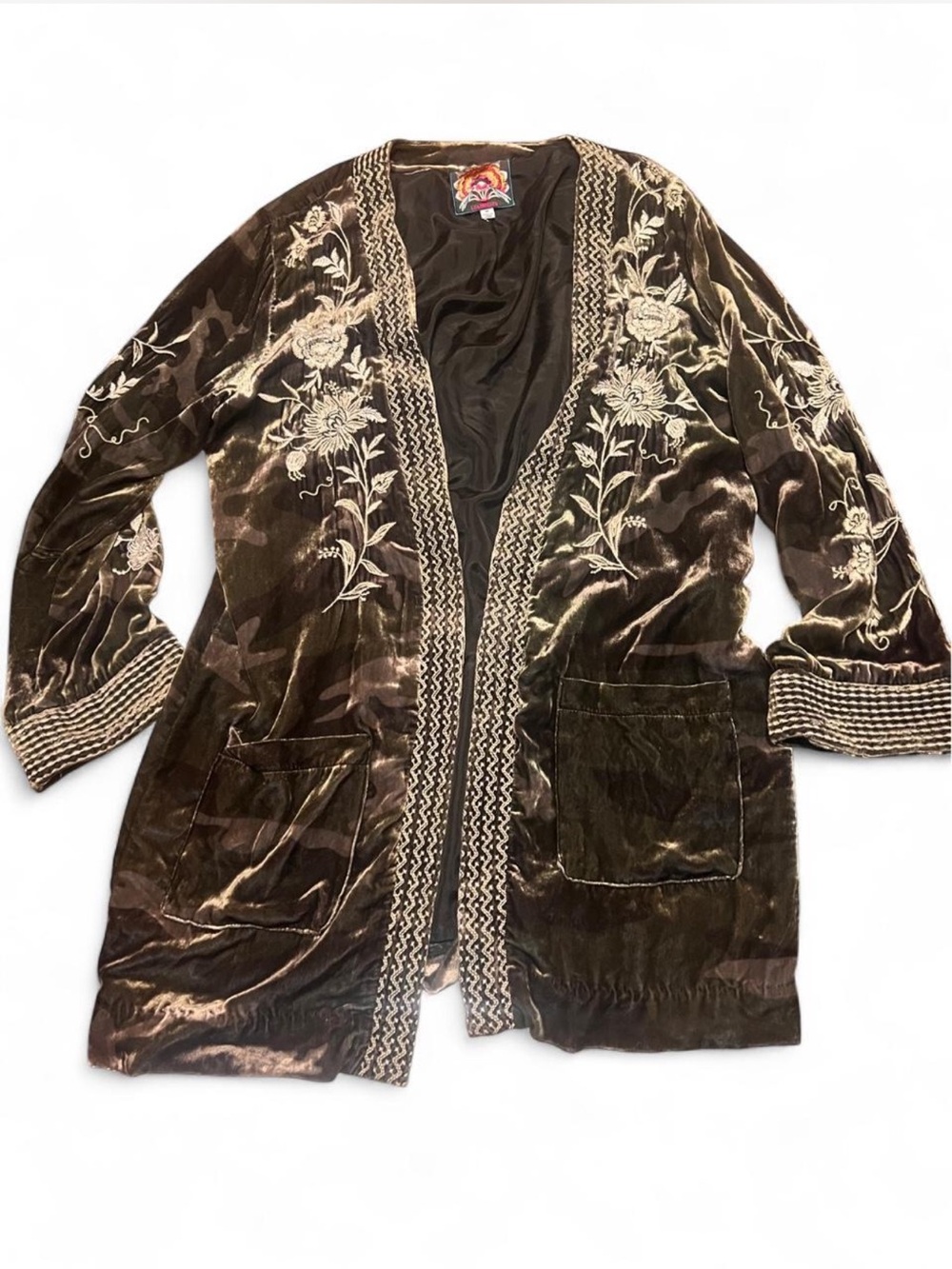 Johnny Was NWOT Green Moonlight Camo Velvet Duster Kimono Coat (Size M)